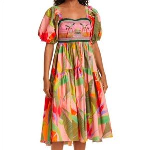 Farm Rio Multicolor Garden Floral Beaded Puff Sleeve Tiered XS Dress NWOT